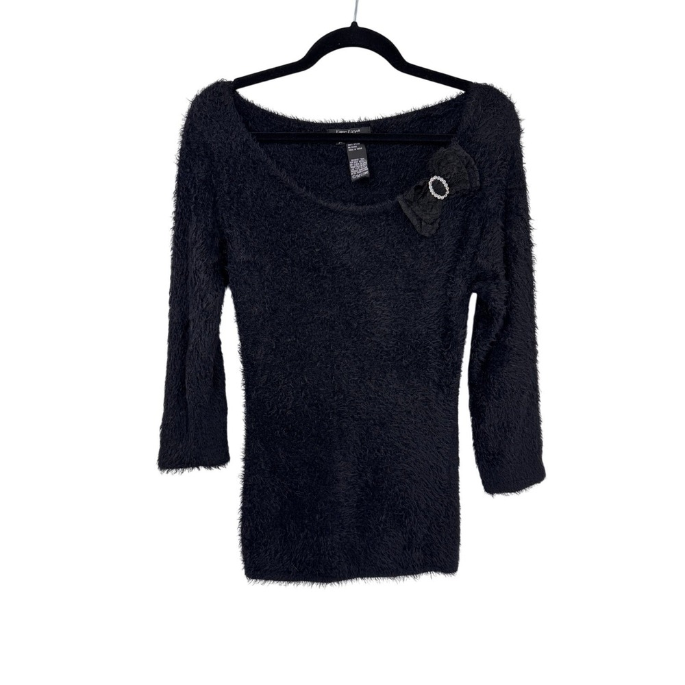 Vintage Y2K Karen Kane Sweater Womens Medium Black Eyelash Whimsigoth Lace Bow